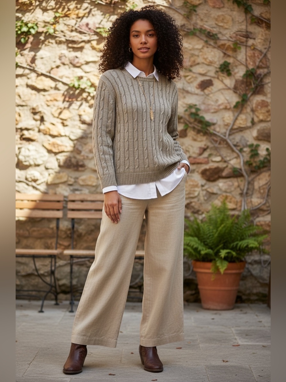 GRAN SASSO Pure Flax Linen Crewneck  Cable Knit Minimalist Chic Sweater